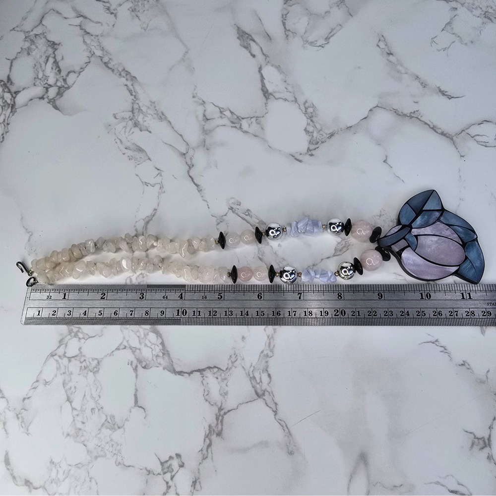Lee Sands Mother of Pearl Mosaic Flower Pendant Rose Quartz Agate Necklace 22in - Picture 6 of 6